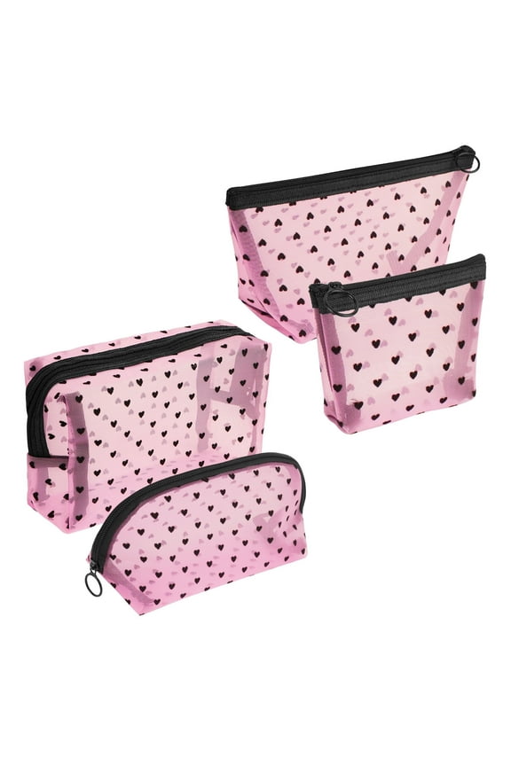4 Pieces Mesh Cosmetic Bags, Portable Travel Mesh Makeup Bag, Heart Print Zipper Pouch Toiletry Bag for Women Girls (Pink)