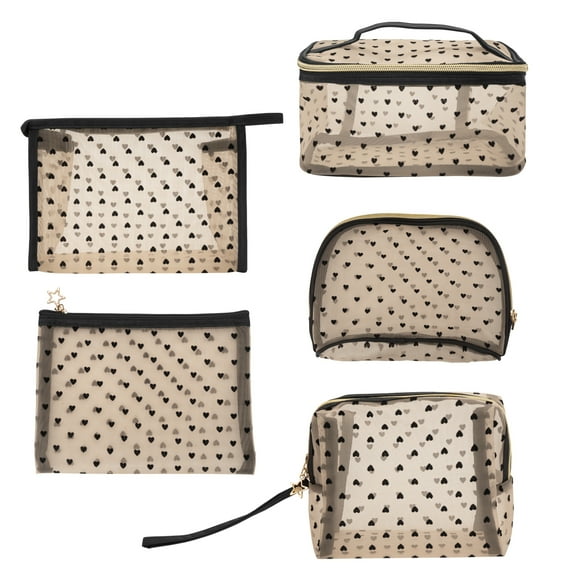 DODAMOUR 5 Pieces Mesh Makeup Bags, Portable Heart Print Mesh Cosmetic Bag with Zipper, Travel Toiletry Bag for Home Office Travel Accessories (Beige)