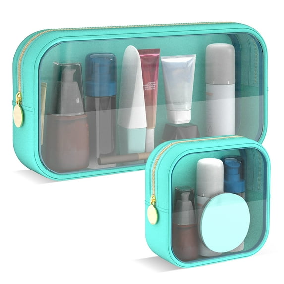 DODAMOUR Clear Makeup Bag Set of 2, TSA Approved Waterproof Travel Cosmetic Bag, PVC Nylon Portable Makeup Organizer Bags for Women (Green)