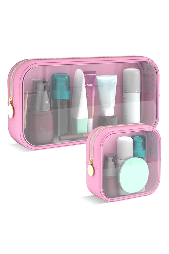 Clear Makeup Bag Set of 2, TSA Approved Waterproof Travel Cosmetic Bag, PVC Nylon Portable Makeup Organizer Bags for Women (Pink)