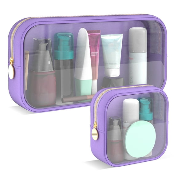 DODAMOUR Clear Makeup Bag Set of 2, TSA Approved Waterproof Travel Cosmetic Bag, PVC Nylon Portable Makeup Organizer Bags for Women (Purple)