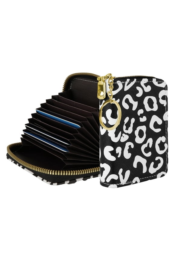 Credit Card Holder for Women, RFID Keychain Card Holder Wallet with Zipper, Small Card Organizer Case with 9 Card Slots and 2 Cash Slots (Black Leopard Print)