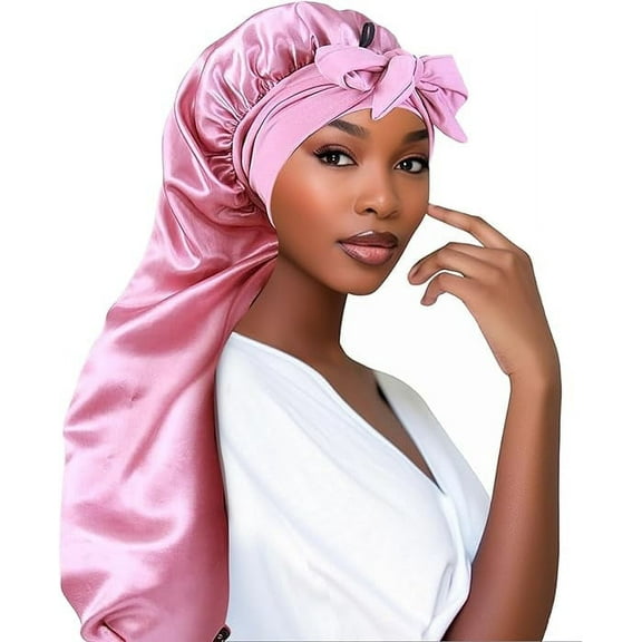 DODAMOUR Extra Long Satin Bonnet for Women, Adjustable Silk Sleep Cap with Tie Band for Braids & Curly Hair (Pink)