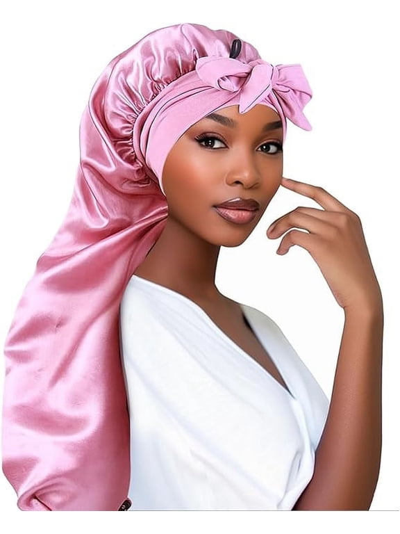 Extra Long Satin Bonnet for Women, Adjustable Silk Sleep Cap with Tie Band for Braids & Curly Hair (Pink)