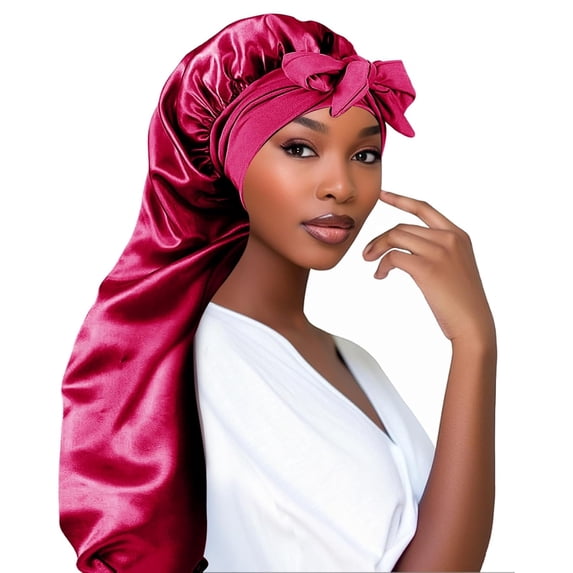 DODAMOUR Extra Long Satin Bonnet for Women, Adjustable Braid Bonnet with Tie Band, Double Layer Elastic Silk Bonnet for Braids Hair Sleeping Cap (Rose Red)