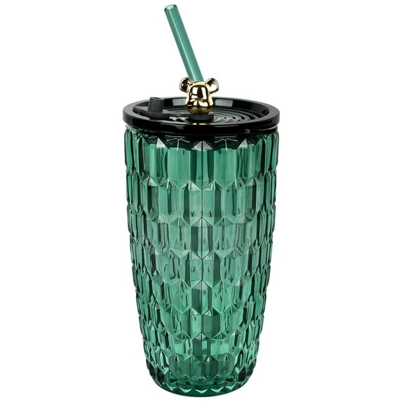 DODAMOUR Glass Tumbler with Straw and Lid, 18oz Reusable Clear Glass Cup, Iced Coffee Drinking Glasses for Milk, Cold Brew, Soda, Juice (Green)