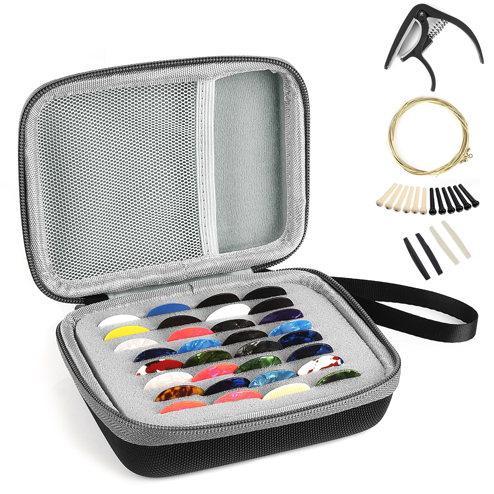 DODAMOUR Guitar Pick Case with 32Pcs Picks, Guitar Pick Storage Box Organizer, Guitar Pick Holder with Guitar Accessories for Acoustic Electric Guitar (Black)