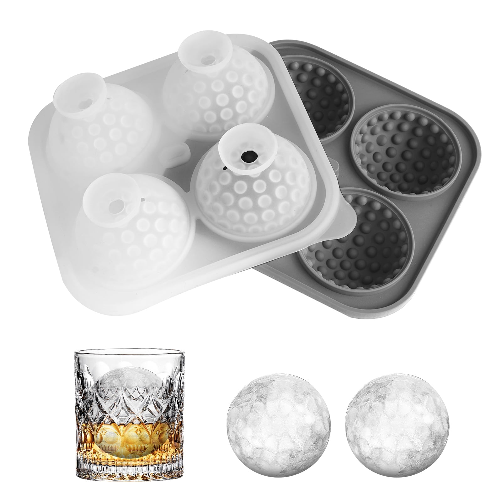 DODAMOUR Large Silicone Ice Cube Tray, 4 Round Slots Ice Cube Trays for Freezer with Lid, Leak-Free Ice Ball Maker Mold for Whiskey, Cocktails, Bourbon (Grey)