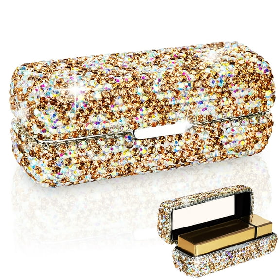 DODAMOUR Lipstick Case with Mirror, Rhinestone Crystal Lipstick Organizer for Travel, Portable Bling Diamonds Lip Gloss Storage Holder (Gold)