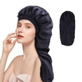 thumbnail image 1 of DODAMOUR Long Satin Bonnet for Women, Double Layer Silk Bonnet with Stretchy Band, Sleeping Cap with Button for Braids Curly Hair (Black), 1 of 7