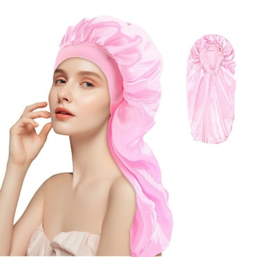 DODAMOUR Long Satin Bonnet for Women, Double Layer Silk Bonnet with Stretchy Band, Sleeping Cap with Button for Braids Curly Hair (Pink)