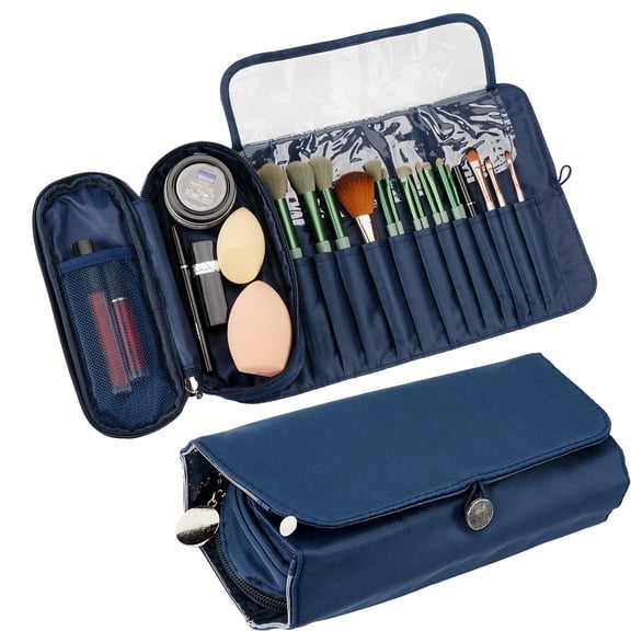 DODAMOUR Portable Folding Makeup Brush Bag with Silicone Foldable Brush Cleaning Bowl, Multifunctional Cosmetics Rolling Storage Case Makeup Brush Holder, Makeup Brush Organizer Bag for Travel (Blue)