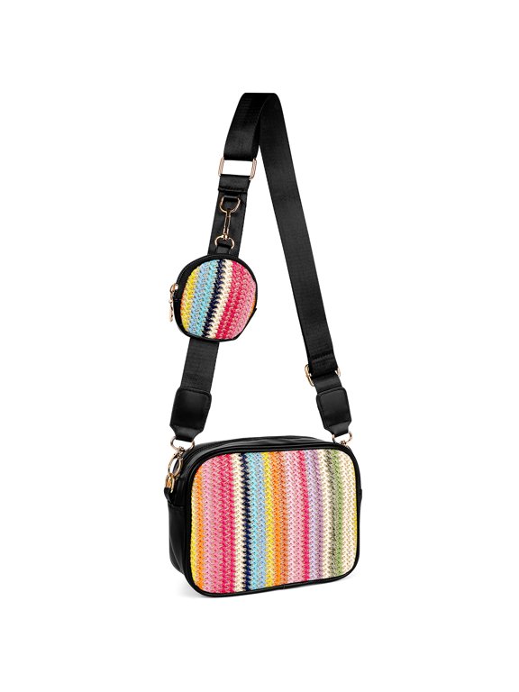 Small Crossbody Bags with Removable Coin Purse Keychain, Shoulder Bag with Adjust Strap, Straw Plaiting Design Handbag for Women (Rainbow Strip)