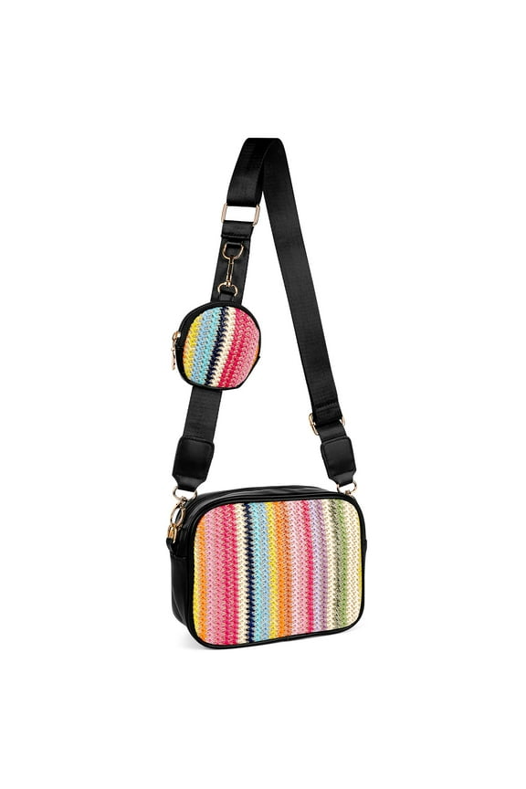 Small Crossbody Bags with Removable Coin Purse Keychain, Shoulder Bag with Adjust Strap, Straw Plaiting Design Handbag for Women (Rainbow Strip)