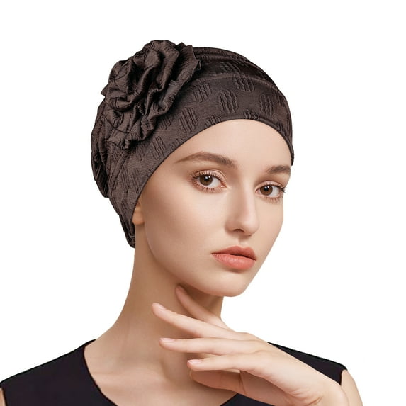 DODAMOUR Stretch Turban Hats for Women, Beanie Headscarf Elastic Hats, Fashion Flower Knot Pre Tied Head Cap for Keep Hair Style Cap, Sleep Hat (Brown)