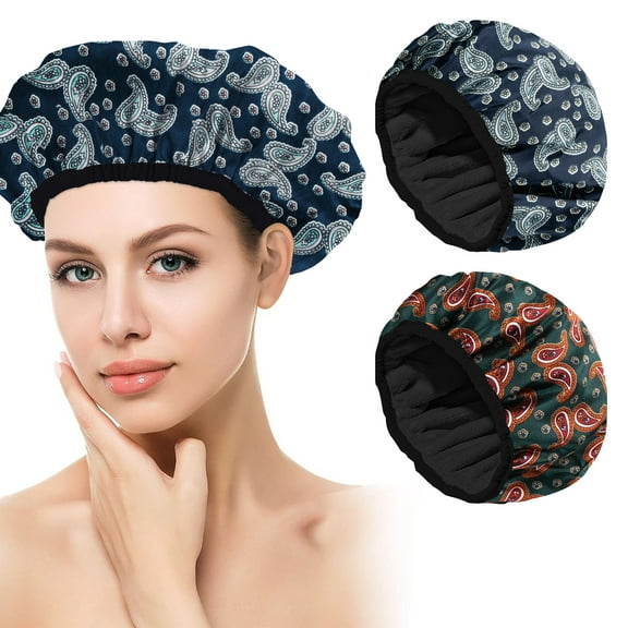 DODAMOUR Terry Cloth Lined Shower Cap, Large Triple Layer Shower Caps for Women Reusable Waterproof, Deep Conditioning Shower Cap for Long Hair Treatment, 2 Pack