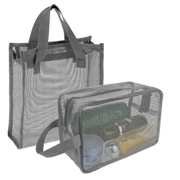 DODAMOUR Travel Mesh Shower Caddy Portable Bag, Shower Organizer Toiletry Storage Pouch with Quick Drying Mesh, Large Capacity Shower Tote Bag for Dorm Gym Beach (2 Pack, Grey)