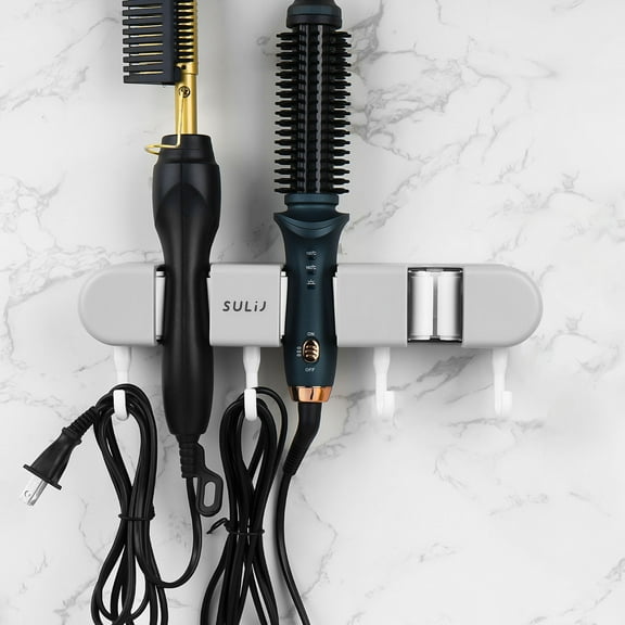 DODAMOUR Wall Mount Hair Curler Storage Holder with 4 Hook, Curling Iron Organizer Stand, 3 Bayonet Hairdressing Hanging Rack (Gray)