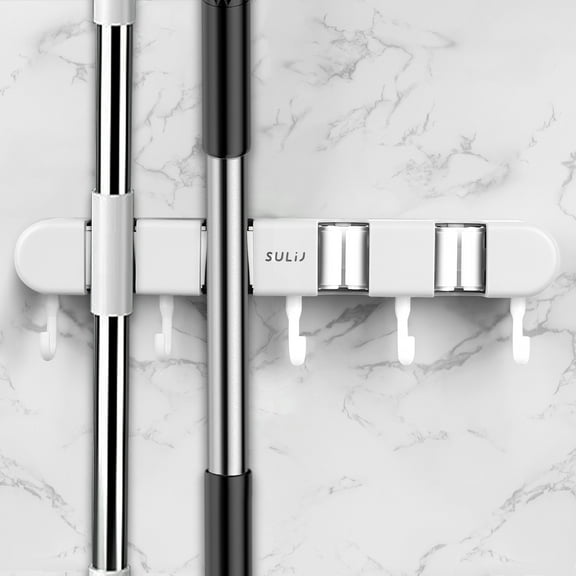 DODAMOUR Wall Mount Mop Broom Holder, Laundry Broom Holder Organizer Storage Tool with 4 Slots 5 Hooks, Self Adhesive ABS Mop Storage Rack for Home (White)
