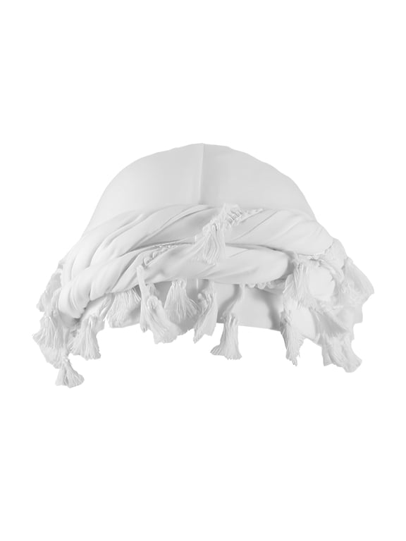 Windproof Cotton Satin Durag Head Wrap, Vintage Ethnic Turban for Men & Women, Outdoor Tassel Beanie (White)