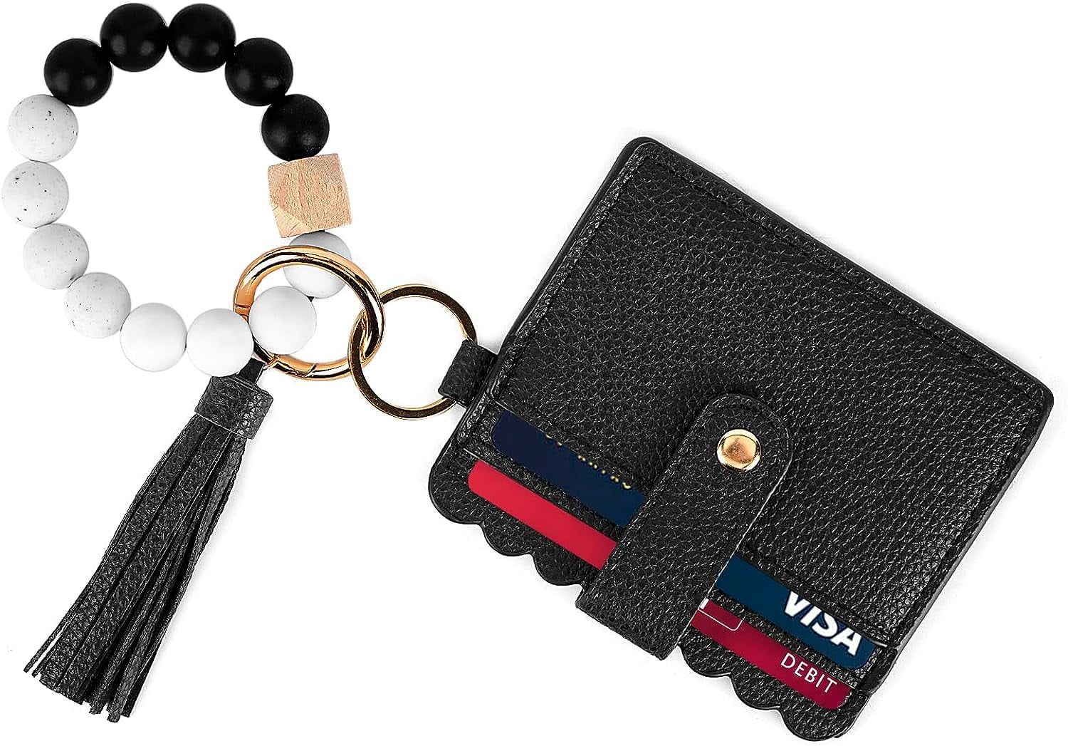 DODAMOUR Wristlet Bracelet Keychain Wallet, Card Holder Wallet Silicone  Beaded Keychain, Credit Card Pocket Key Ring for Women (Black) 
