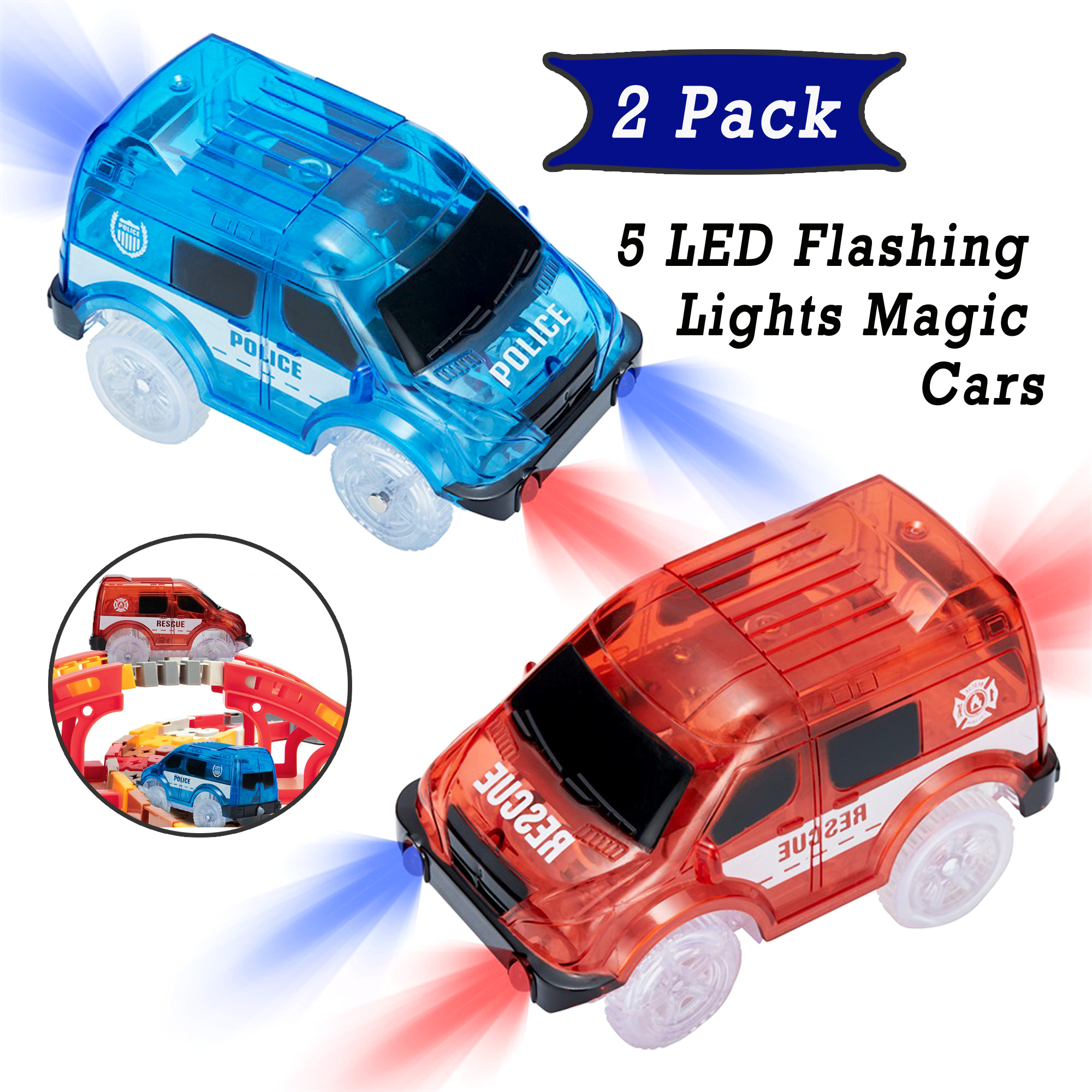 DODOING 2 Pack Track Cars Replacement Light Up Toy Cars, LED Flashing
