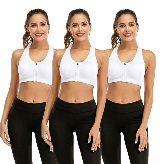 DODOING 3-Pack Women's Front Zipper Closure Sports Bra Removable Cups High Support Workout Sports Bra Apricot