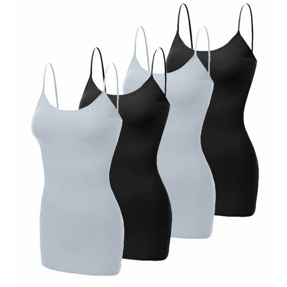 DODOING 4 pack Womens Basic Long Length Cami Tank Top Camisole Plus (S to 3XL) Adjustable Spaghetti Strap COTTON Blend Fit Camisole Top