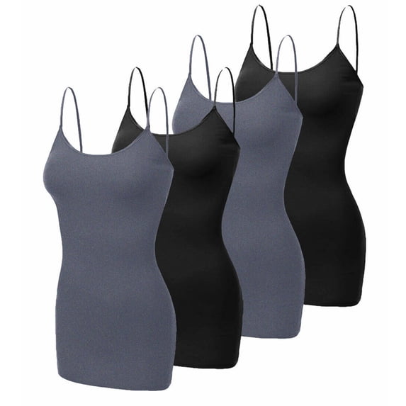 DODOING 4 pack Womens Basic Long Length Cami Tank Top Camisole Plus (S to 3XL) Adjustable Spaghetti Strap COTTON Blend Fit Camisole Top