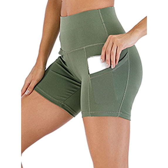 DODOING Tummy Control Yoga Shorts with Pockets for Women Workout Running Athletic Bike High Waist Activewear Bottoms Butt Lifting Yoga Shorts, Black/ Purple/ Rose Red/ Army Green/ Navy Blue