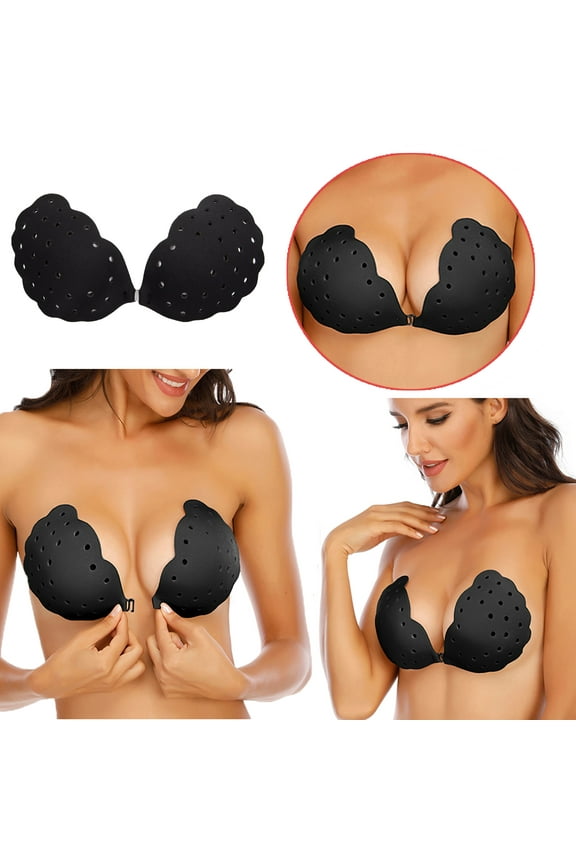 Silicone Bra Adhesive Bra Strapless Sticky Invisible Push up Silicone Bra for Backless Dress with Nipple Covers Black