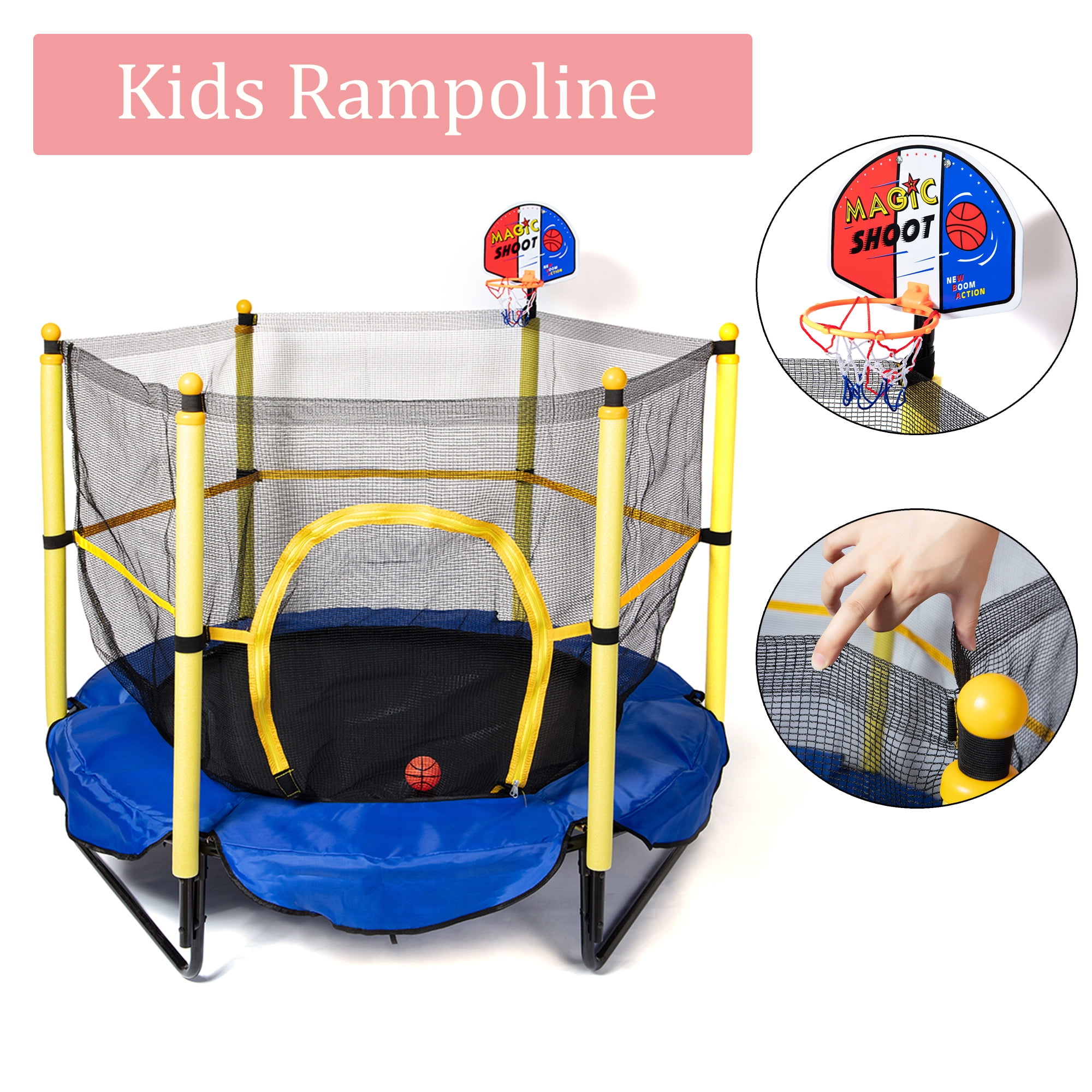 DODOING Kids Trampoline Basketball Hoop forToddlers Age 25, with Surround Enclosure, Net and