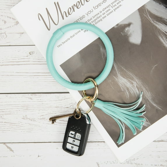 DODOING Wristlet Round Key Ring Chain Leather Oversized Bracelet Bangle Keychain Holder Tassel for Women Girl