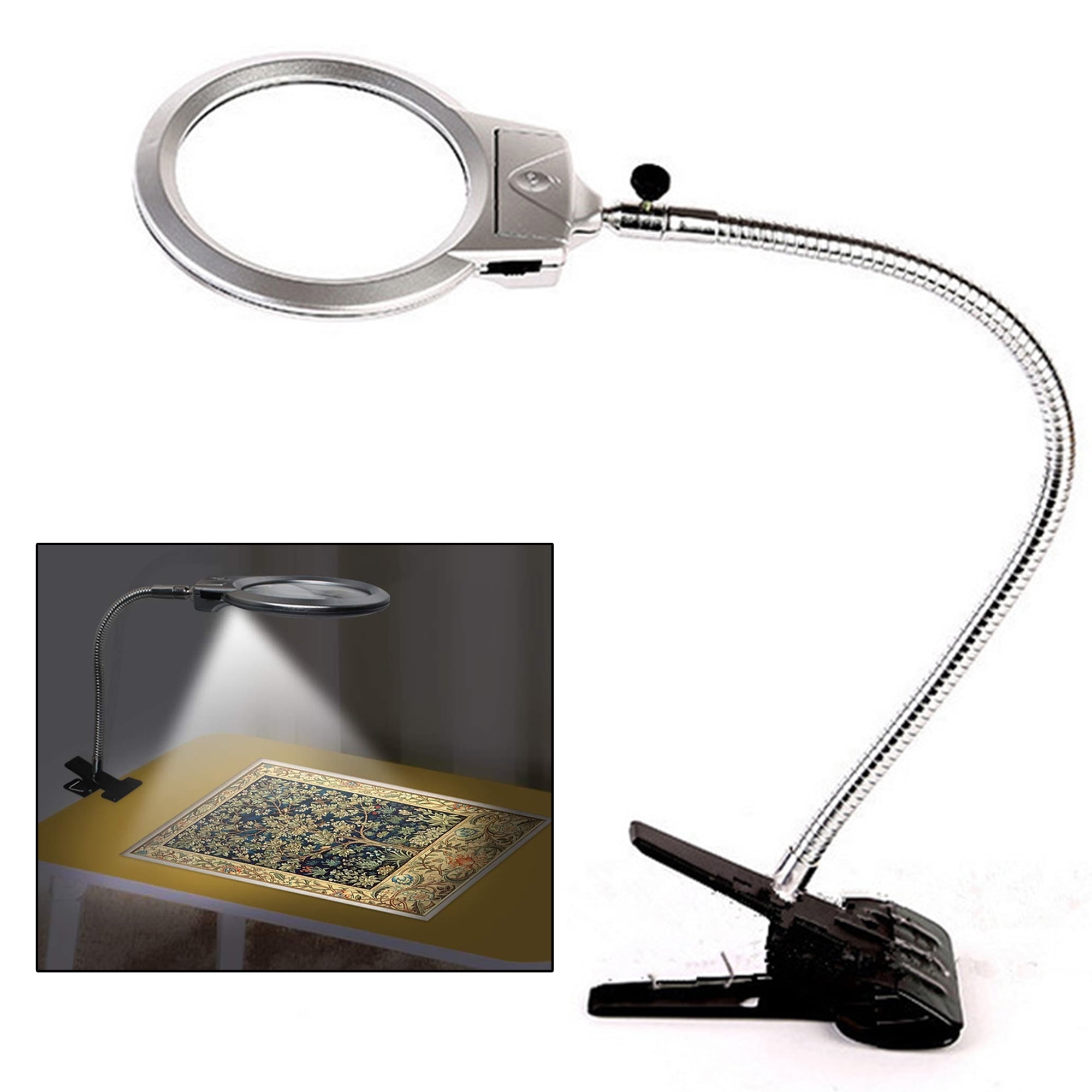 DODOING Magnifying Glass LED Lamp, Lighted Magnifier with Stand & Clamp for Desk, Sewing, Bright Light for Reading, Crafts, Jewelry Magnifying Glass, 2.25x 5x Magnification, Adjustable Gooseneck