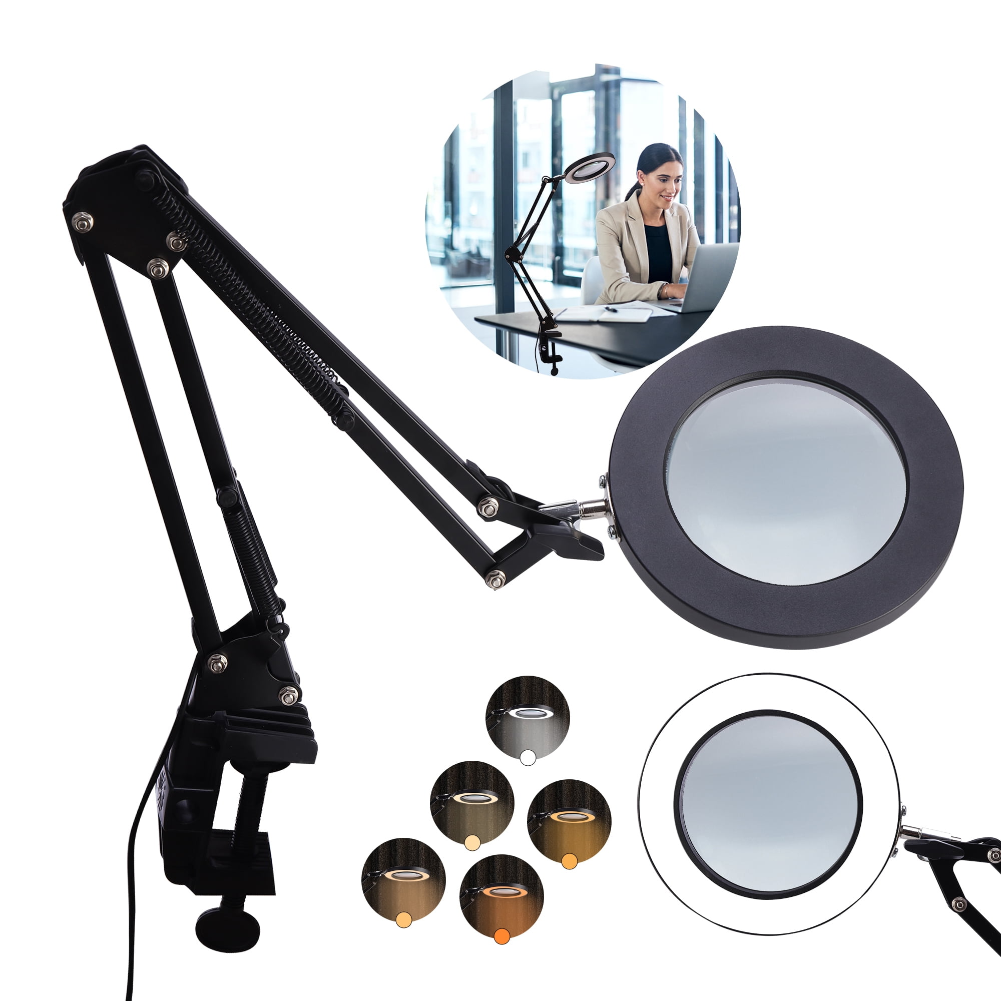 LANCOSC Magnifying Glass with Light and Stand 3 Color Modes Stepless Dimmable 5-Diopter Glass Lens Adjustable Swivel Arm LED Magnifier Desk Lamp