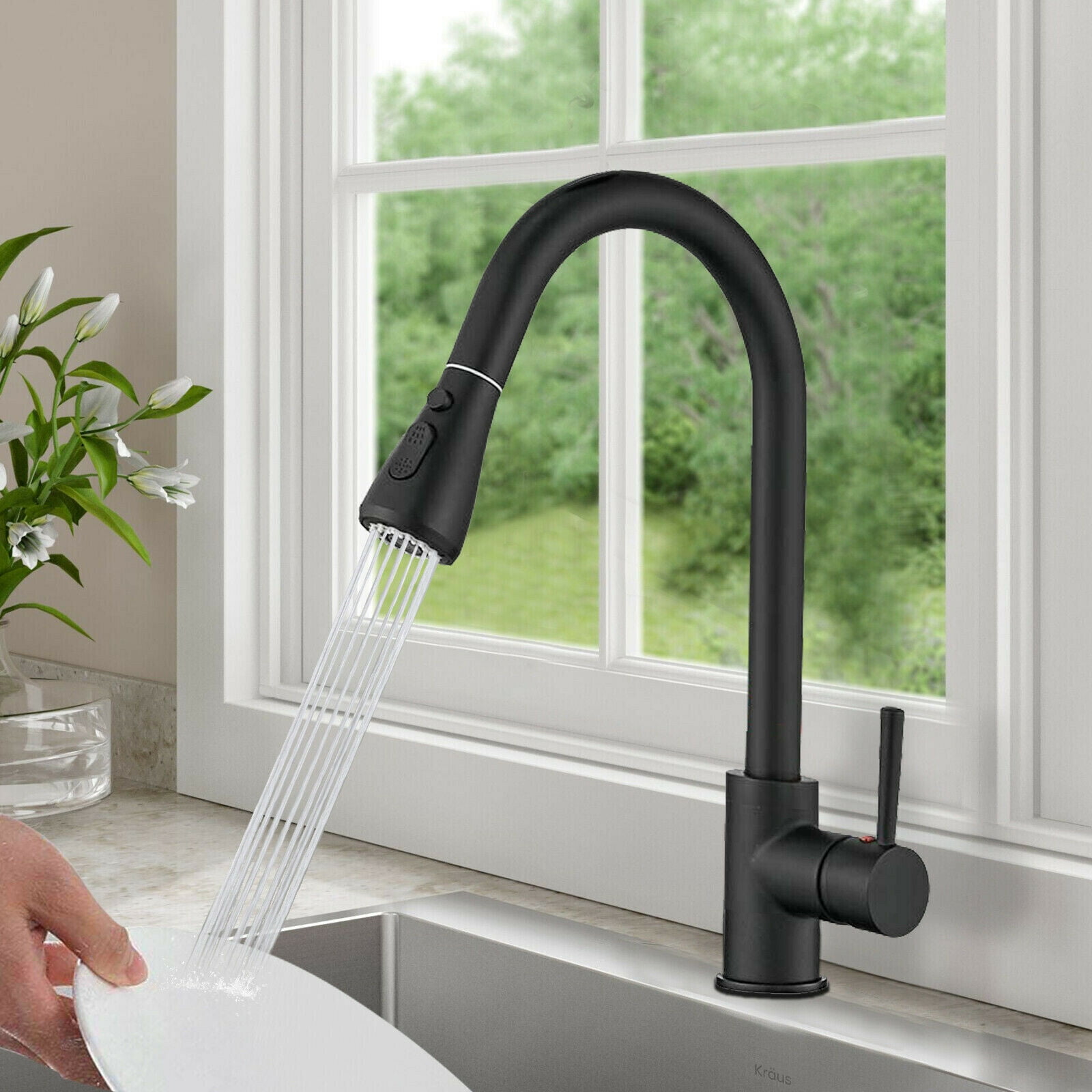 DODOING Matte Black Kitchen Sink Faucet Pull Out Sprayer Single Handle Tap Deck Mount Single