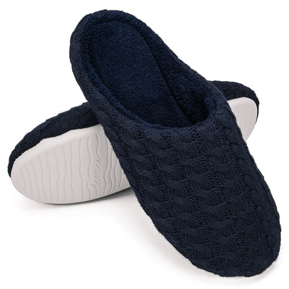 DODOING Men's Comfort Knitted Cotton Slippers Washable Flat Closed Toe Ultra Lightweight Indoor Shoes with Non-Slip Sole, Black/ Grey/ Navy Blue