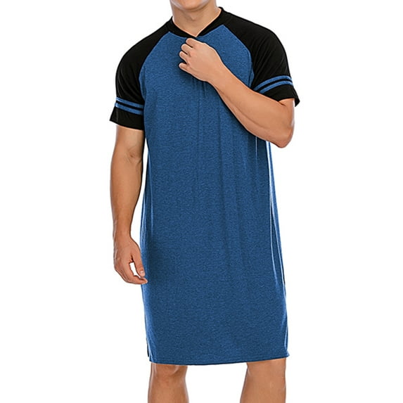 Mens Sleep Shirt Long Sleepwear Raglan Sleeve Nightshirt Patchwork Button Loose Pajama Casual Sleepshirt Homewear