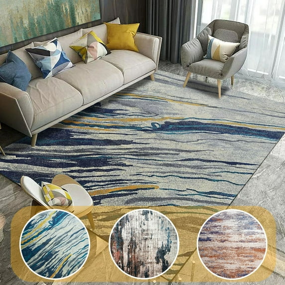 DODOING Modern Abstract Vintage Blue Area Rug, Indoor Carpet, Bohemian, Easy Cleaning, For Bedroom, Kitchen, Living Room, Non Shedding