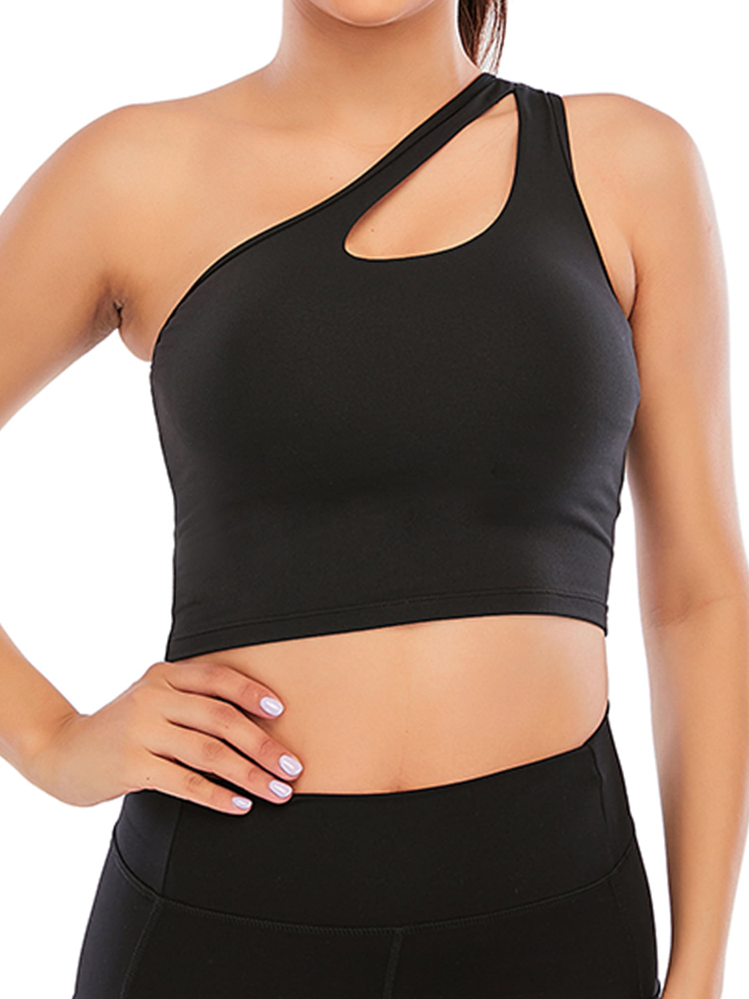 One Shoulder Sports Bra Removable Padded Yoga Top Post-surgery Wirefree  Sexy Cute Medium Support-black(xl)