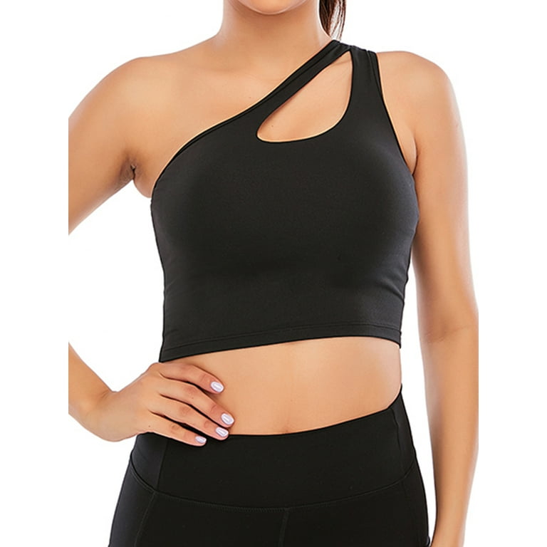 One Shoulder Sports Bra Removable Padded Yoga Top Post-surgery Wirefree  Sexy Cute Medium Support-black(l)
