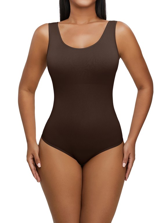 One-piece Shapewear Bodysuit Scoop Neck Tank Tops for Women Tummy Control Waist Trainer Vest Full Body Shaper Coffee