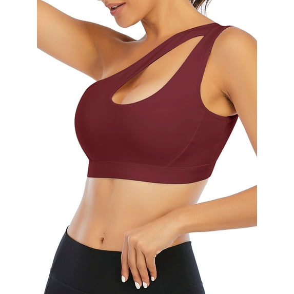 DODOING Single Shoulder Sport Bras for Women Asymmetrical Shoulder Wirefree Padded Sports Bras Medium Support Yoga Bra Removable Cups