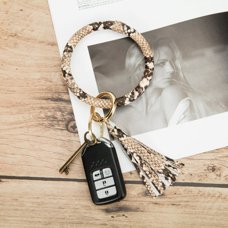 Weixiltc Wristlet Keychain Bracelet Bangle Keyring - Large Circle Key Ring  Leather Tassel Bracelet Holder For Women Girl