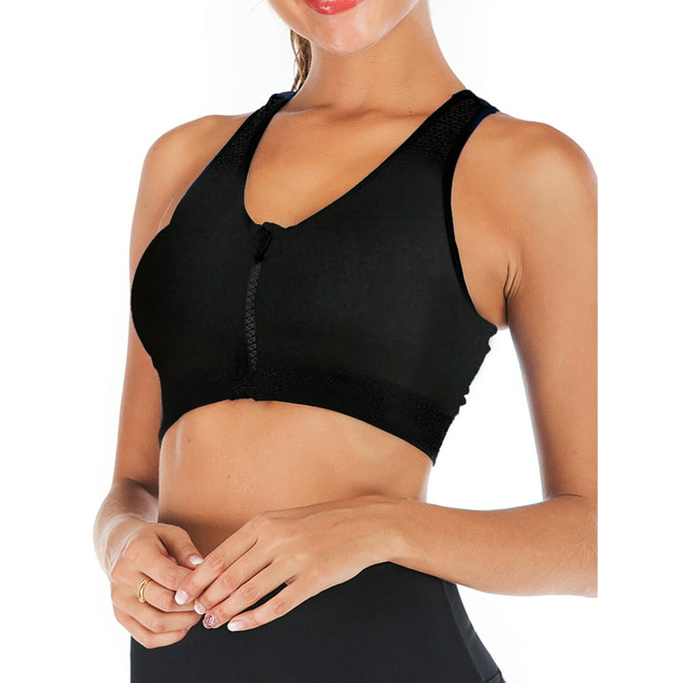 DODOING Women's Black Front Zipper Closure Sports Bra Removable Cups High  Support Workout Sports Bra