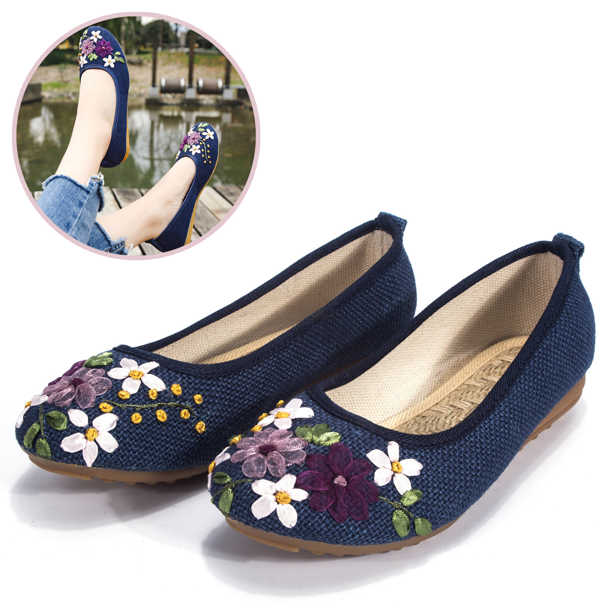 DODOING Women's Casual Fit Flat Office Shoes Non-Slip Flat Walking Shoes with Delicate Embroidery Flower Slip On Flats Shoes Round Toe Ballet Flats (4-10 Size)-Navy Blue - image 1 of 7