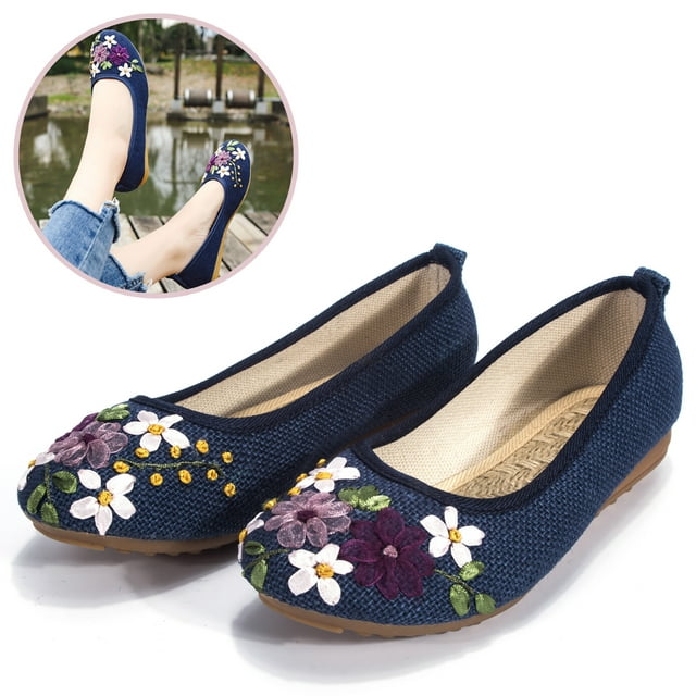 DODOING Women's Casual Fit Flat Office Shoes Non-Slip Flat Walking Shoes with Delicate Embroidery Flower Slip On Flats Shoes Round Toe Ballet Flats (4-10 Size)-Navy Blue
