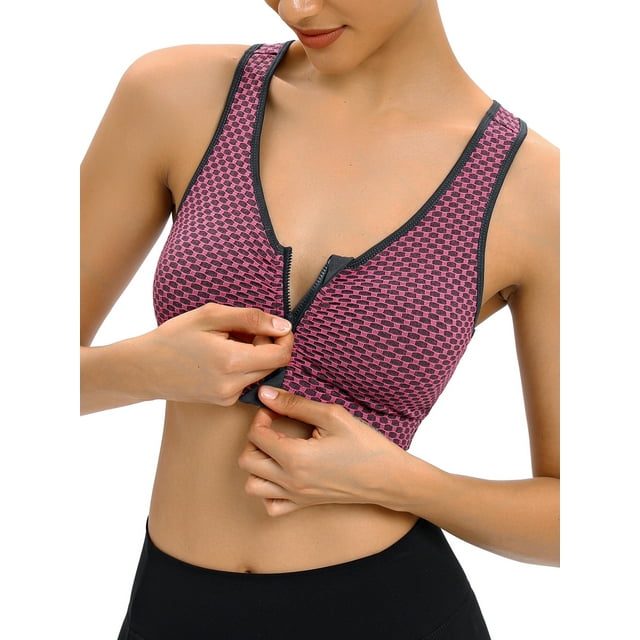 DODOING Women's Front Zipper Closure Sports Bra Removable Cups High