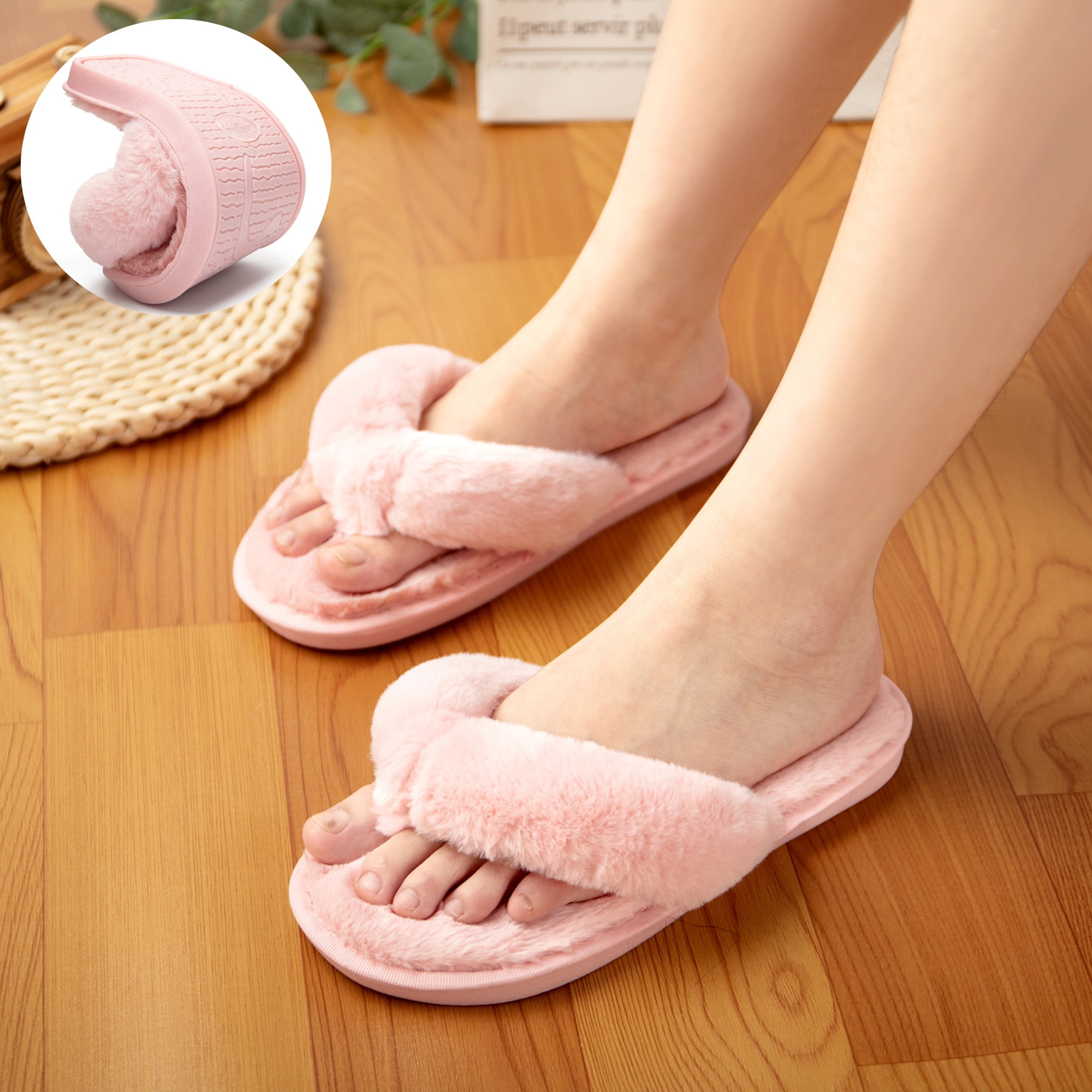 DODOING Women's Memory Foam Flip Flop House Indoor Slippers with Cozy Short  Plush Lining, Spa Thong Sandals Slippersm, Black/ Grey/ Pink