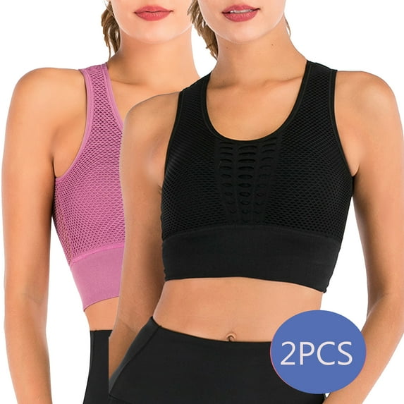 DODOING Women's Seamless Sports Bra High Impact Mesh Openwork Workout Running Crop Tops Longline Yoga Bra 2 Pack